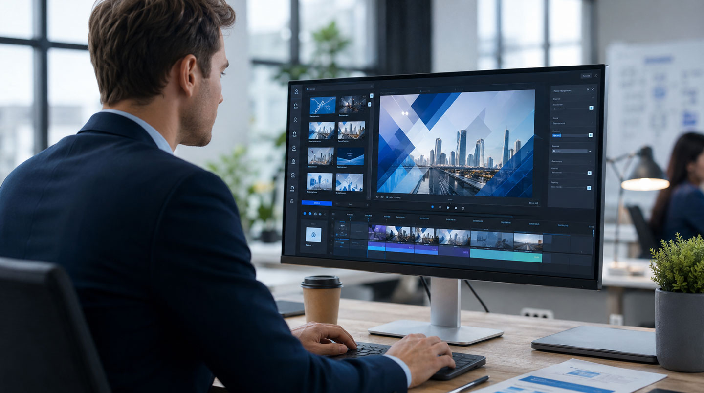 Contemporary marketing team workspace showing multiple monitors displaying same video in different aspect ratios including vertical mobile and horizontal desktop formats