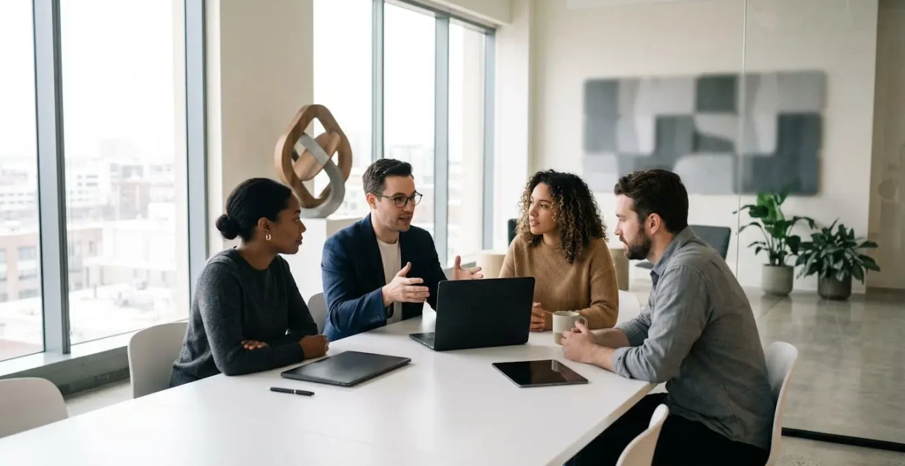 Marketing team strategizing around collaborative workspace while AI handles repetitive tasks in background