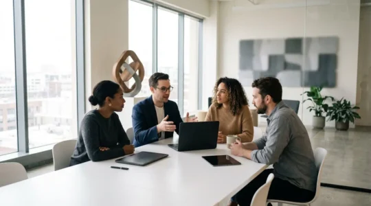 Marketing team strategizing around collaborative workspace while AI handles repetitive tasks in background