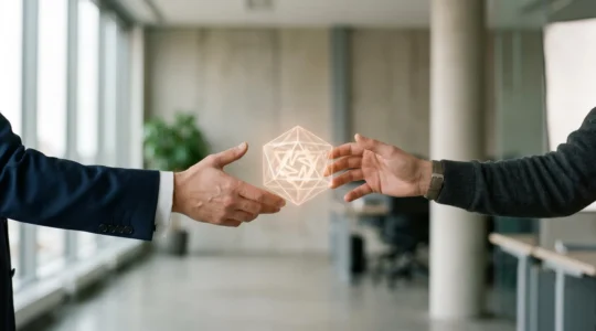 Professional scene depicting the intersection of IT security and marketing agility in enterprise environment