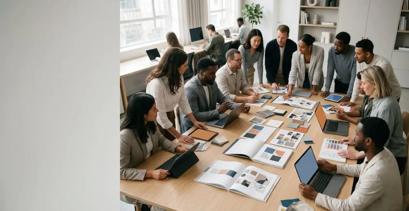 Professional marketing team collaborating on brand content with unified visual style and consistency