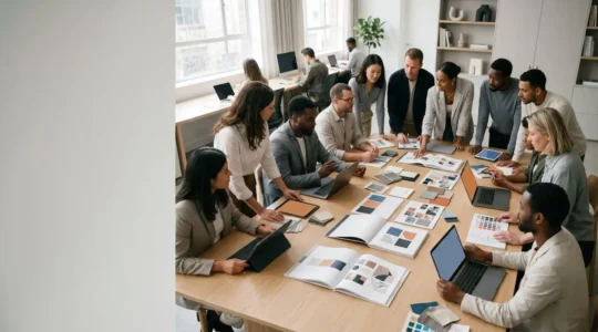 Professional marketing team collaborating on brand content with unified visual style and consistency
