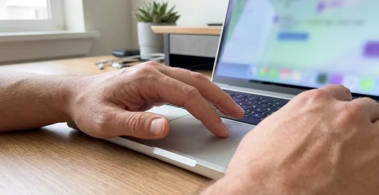 Extreme close-up of hands using laptop trackpad to adjust video clip position on editing timeline