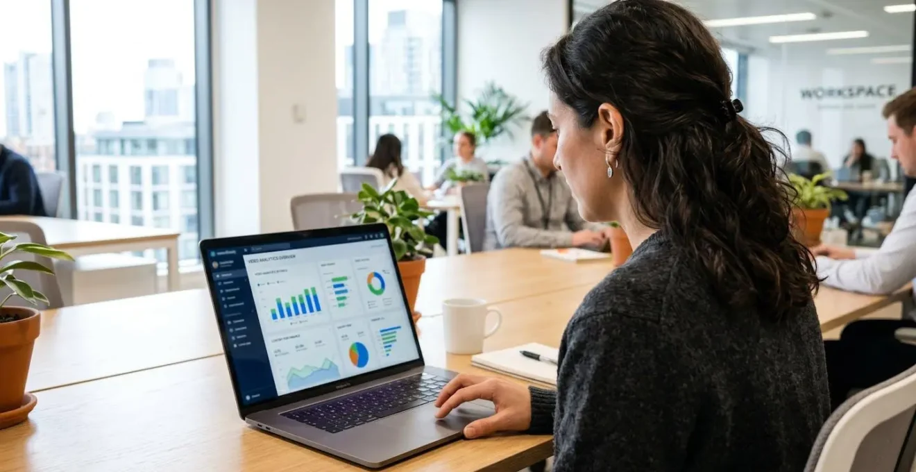 Marketing professional reviewing video engagement metrics on laptop screen in contemporary office workspace