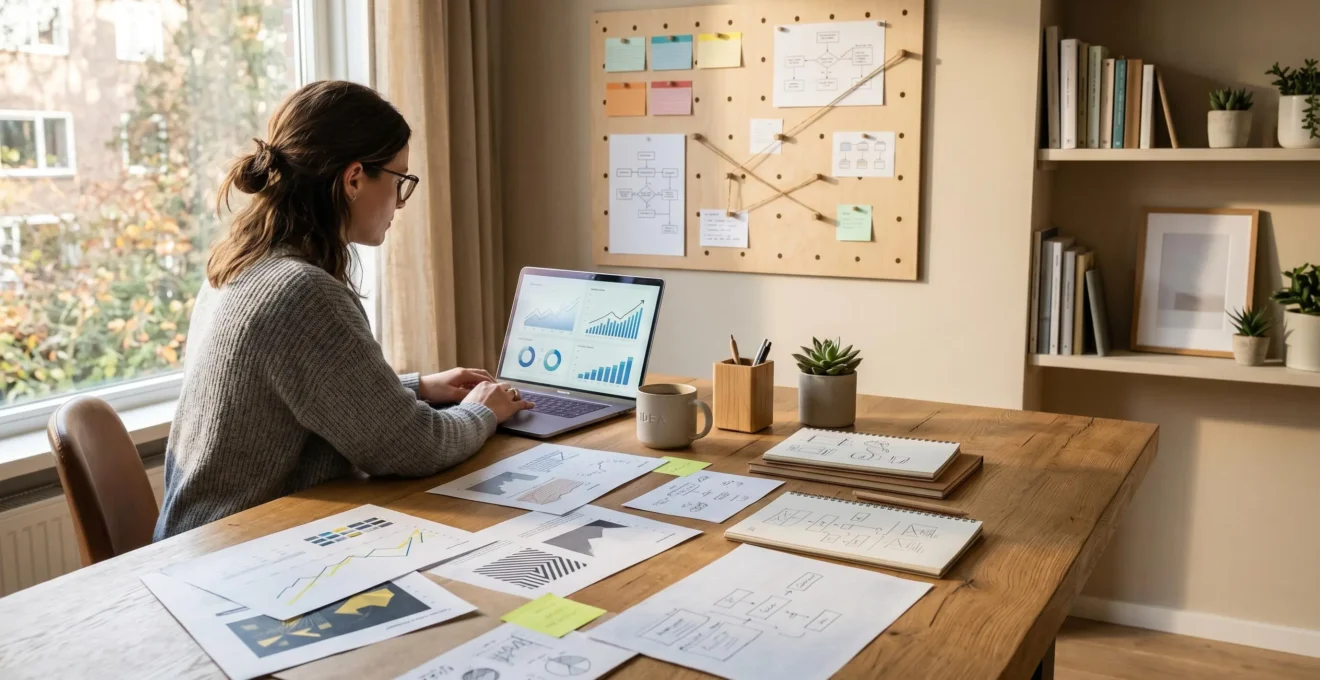 Strategic content creation workspace with data visualization elements representing organic link building success