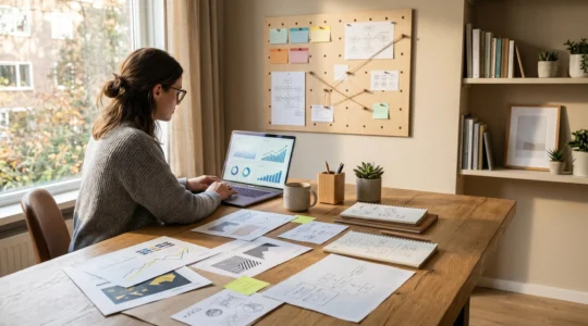 Strategic content creation workspace with data visualization elements representing organic link building success