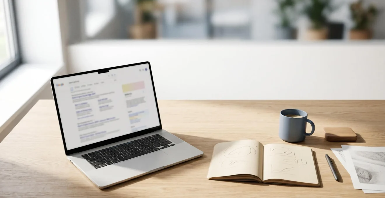 Marketing professional analyzing search engine results with strategic meta description elements highlighted in a modern workspace