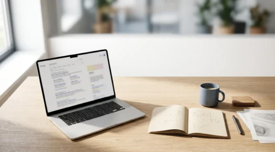 Marketing professional analyzing search engine results with strategic meta description elements highlighted in a modern workspace