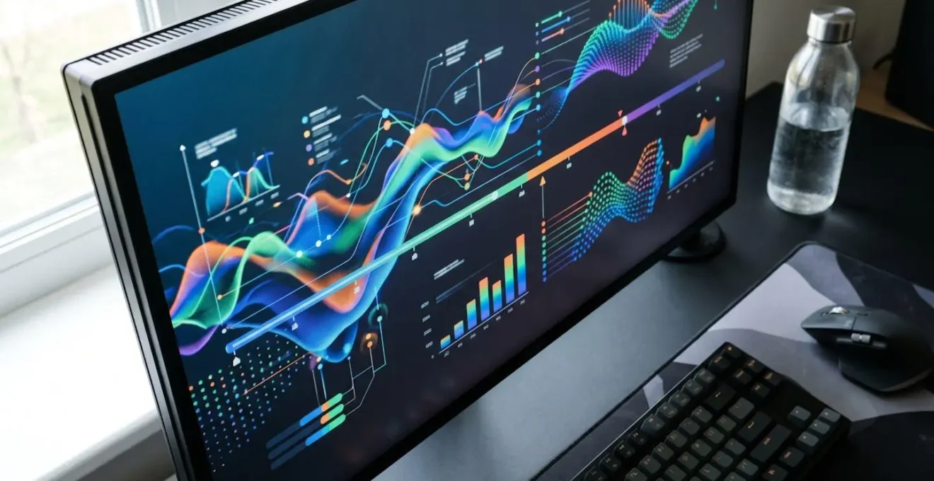 Extreme close-up of a computer screen displaying an animated infographic with colourful timeline data points and subtle motion blur, shallow depth of field