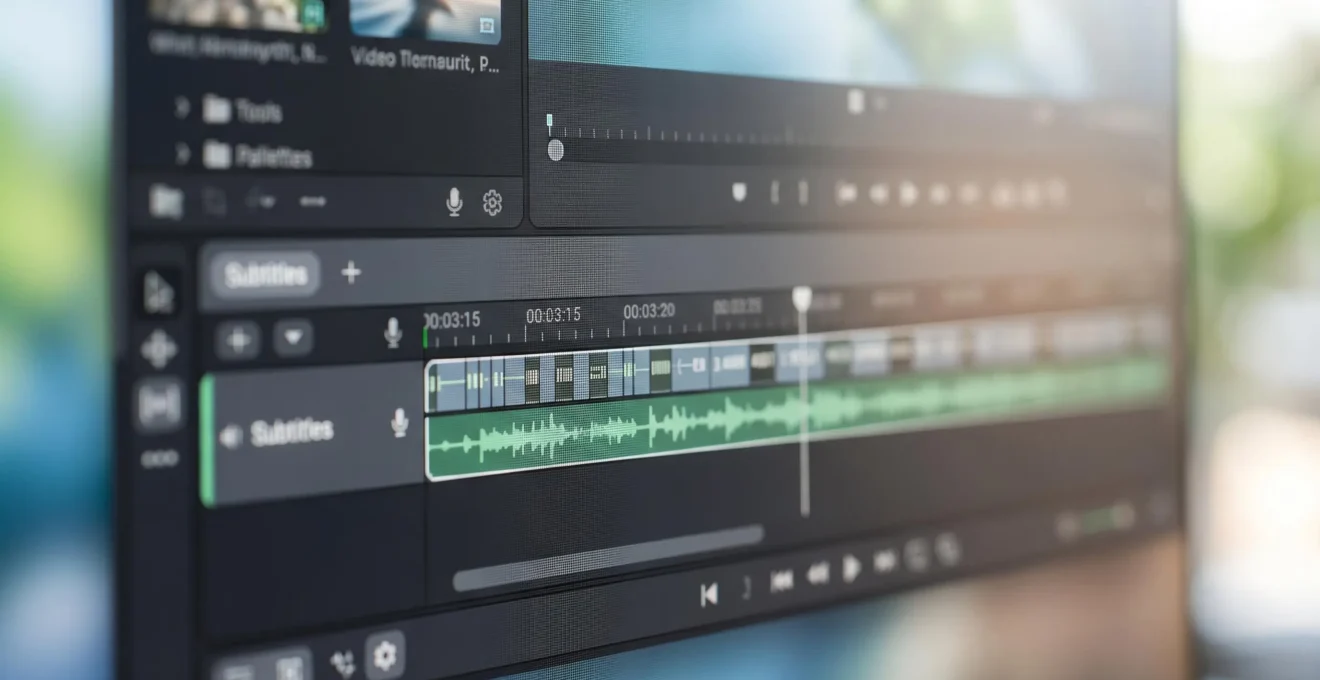 Macro detail of video editing software showing subtitle track with precise timing markers and synchronisation controls