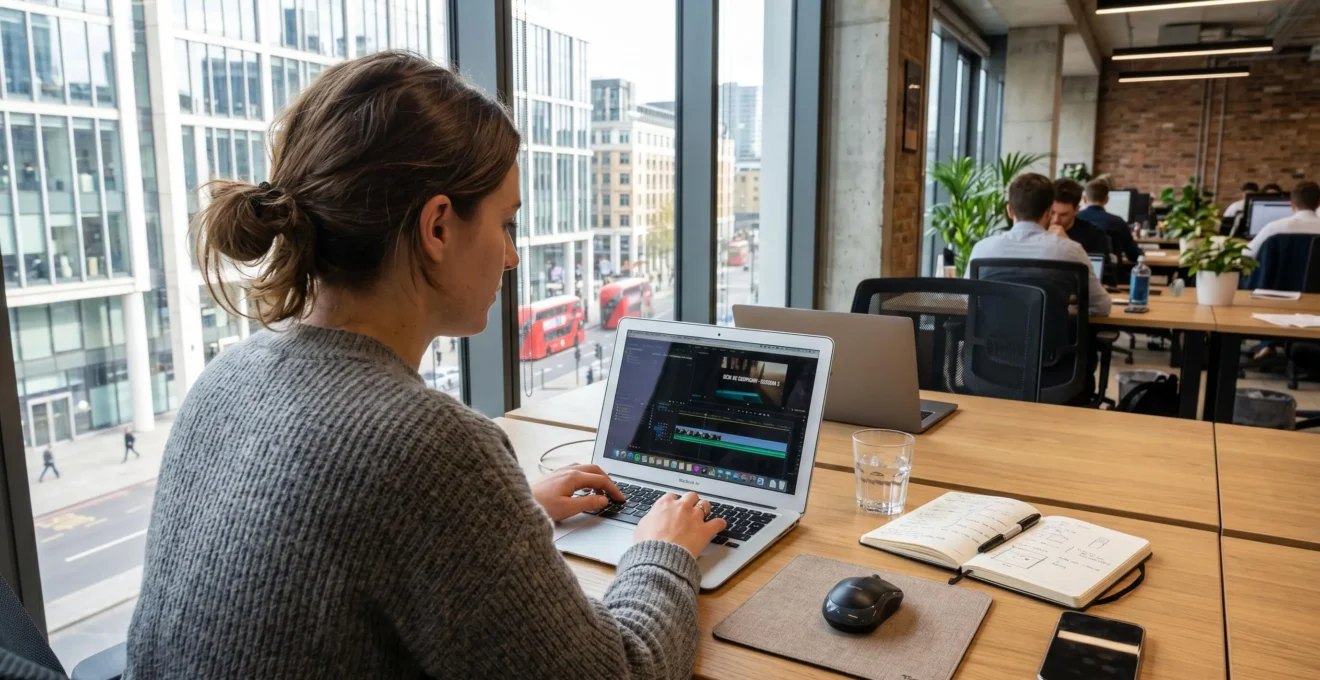 Marketing professional working on laptop in contemporary office, over-shoulder view showing clean desk with notebook and natural window light