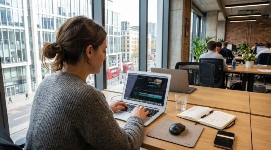 Marketing professional working on laptop in contemporary office, over-shoulder view showing clean desk with notebook and natural window light