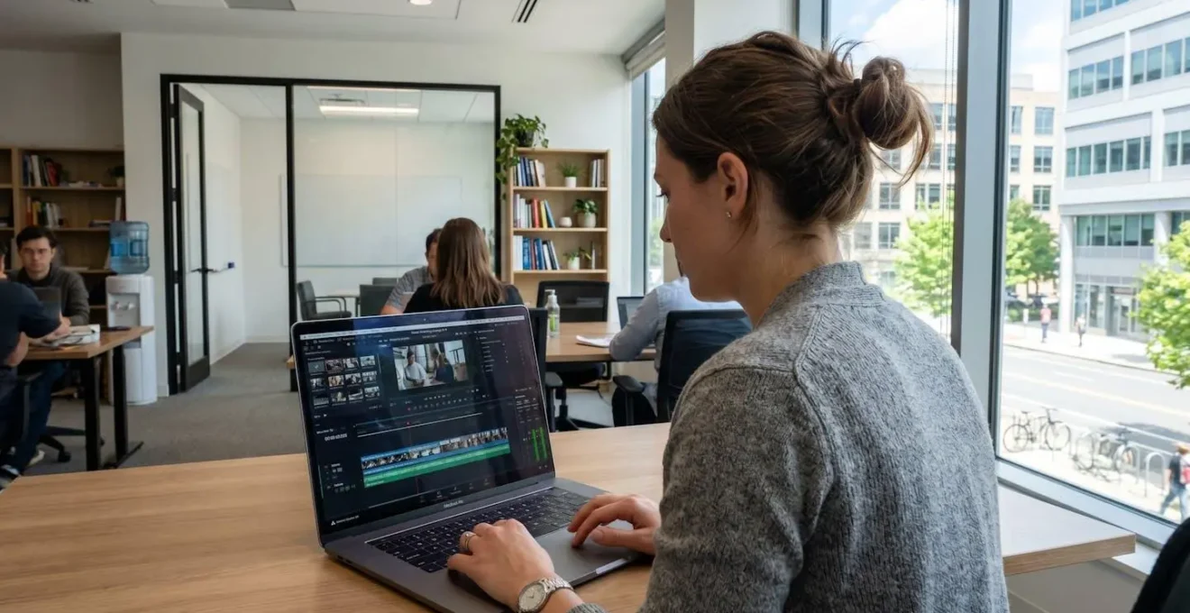 Marketing professional working on laptop showing video editing timeline interface in bright contemporary office space