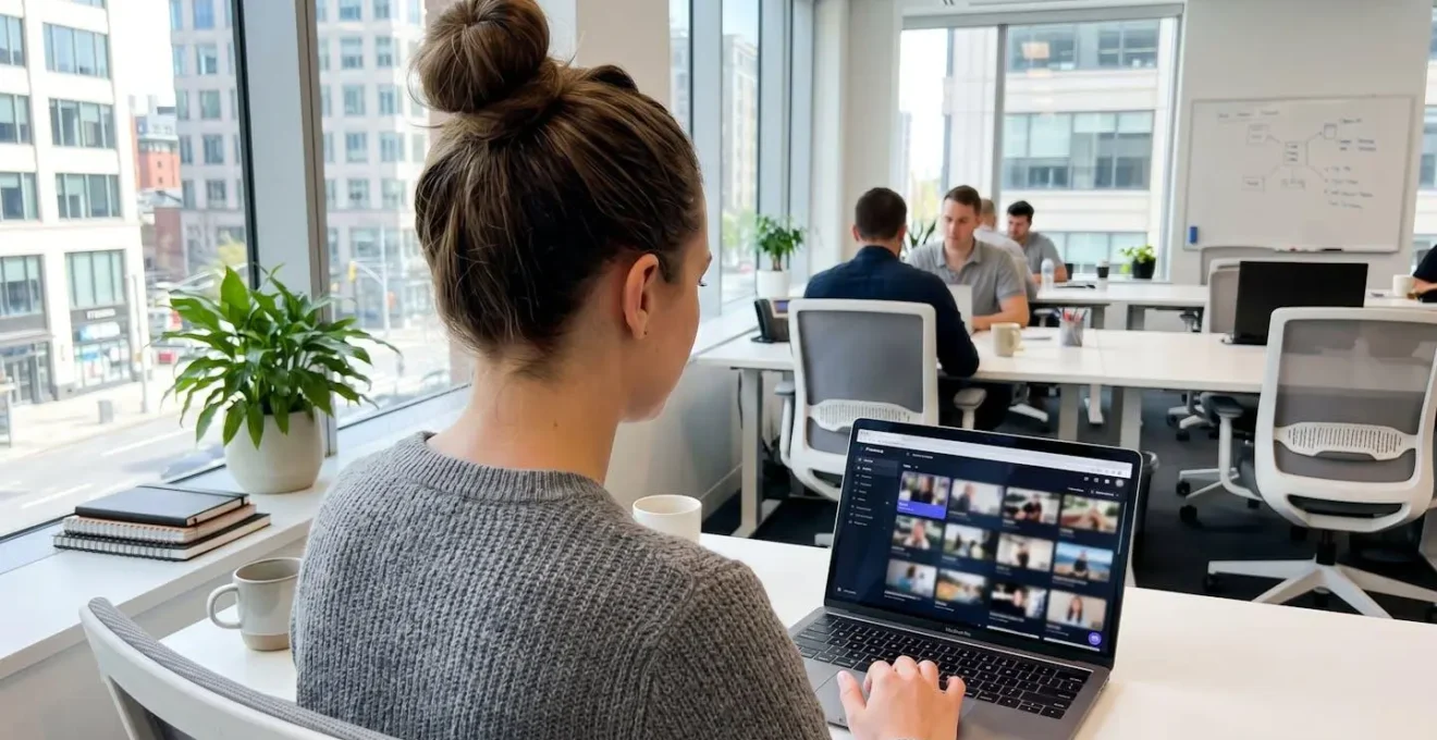 Marketing professional reviewing video content on laptop screen in bright contemporary office workspace