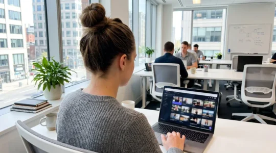 Marketing professional reviewing video content on laptop screen in bright contemporary office workspace