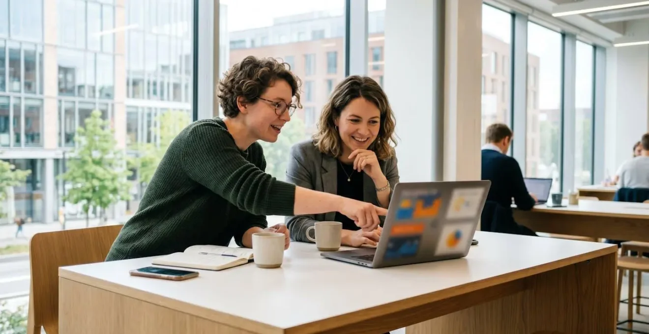 Two marketing professionals viewed from the side collaborating over a laptop displaying colourful data visualisations in a bright contemporary office