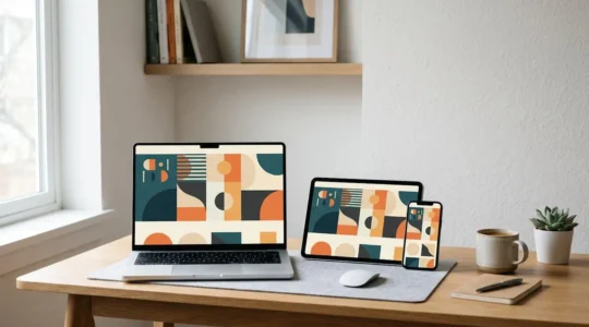Professional workspace showing responsive design optimization across multiple device screens with natural lighting
