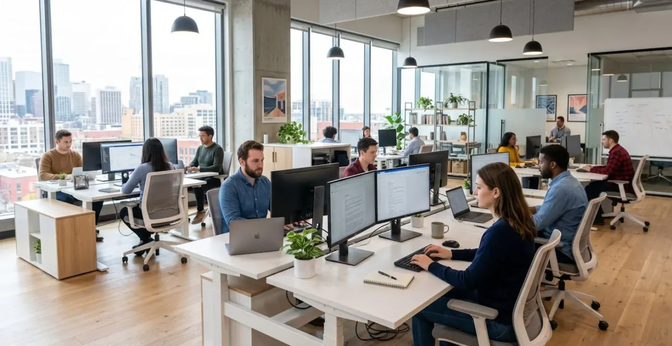 Wide angle view of contemporary marketing team workspace with dual monitors, minimalist desk setup, and natural daylight from large windows