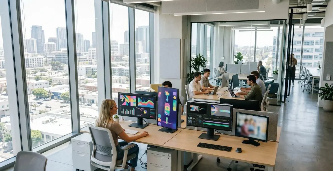 Contemporary marketing team workspace showing multiple monitors displaying same video in different aspect ratios including vertical mobile and horizontal desktop formats