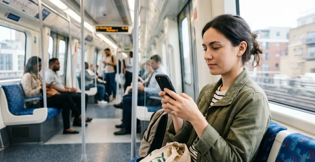 Person viewing video content on smartphone while commuting, subtitles visible on screen in natural public transport setting