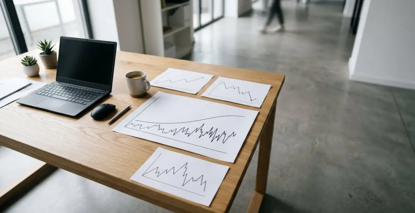 Professional data analyst examining multiple trend lines and statistical charts to distinguish real patterns from temporary noise in search ranking data