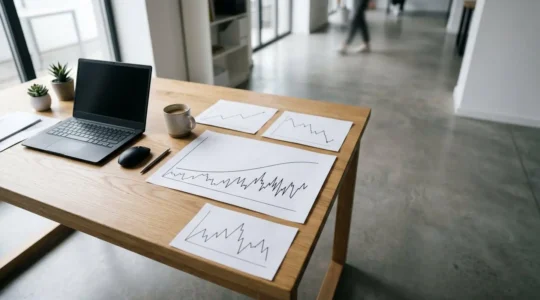Professional data analyst examining multiple trend lines and statistical charts to distinguish real patterns from temporary noise in search ranking data