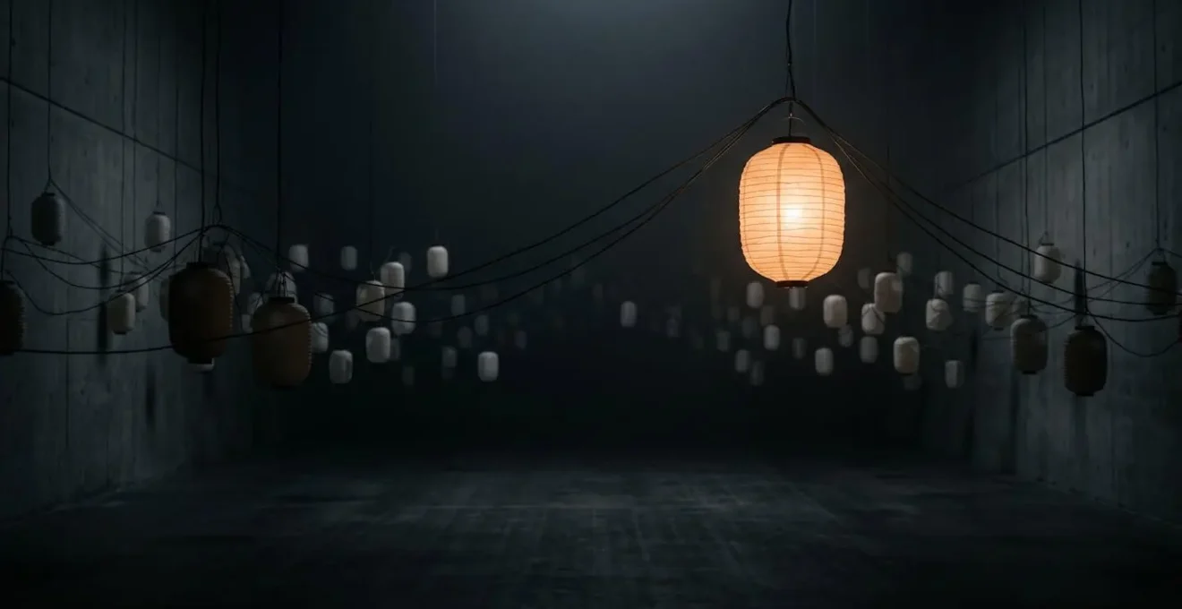 A minimalist scene showing one illuminated object standing prominently against a vast dark background with subtle depth
