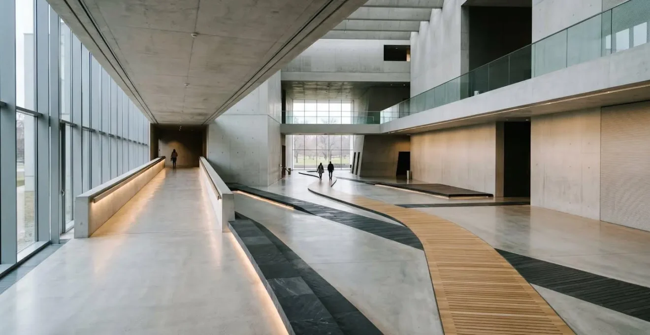 Professional editorial photograph showing interconnected pathways guiding movement through organized architectural space