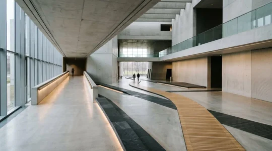 Professional editorial photograph showing interconnected pathways guiding movement through organized architectural space