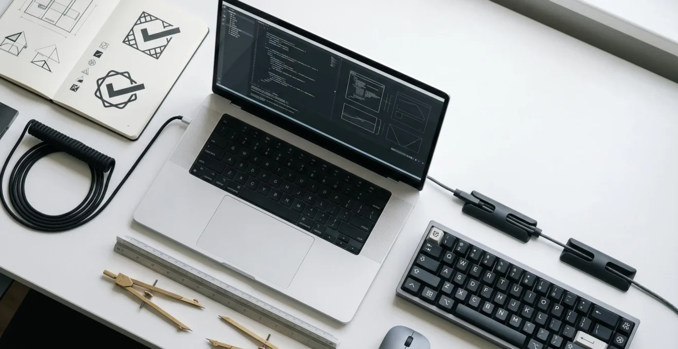 Clean, organized digital workspace with abstract code elements and quality assurance symbols highlighting safe structured data implementation