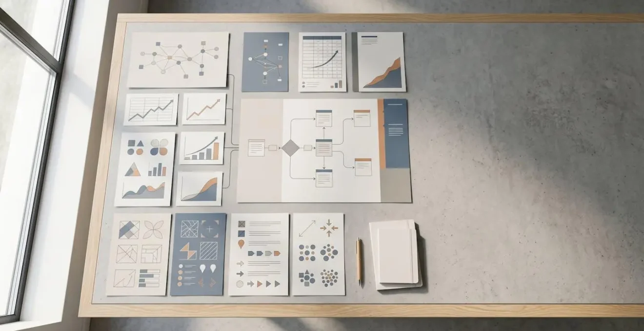 Professional workspace showing strategic SEO planning framework with balanced optimization approach