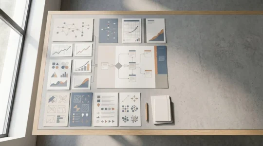 Professional workspace showing strategic SEO planning framework with balanced optimization approach