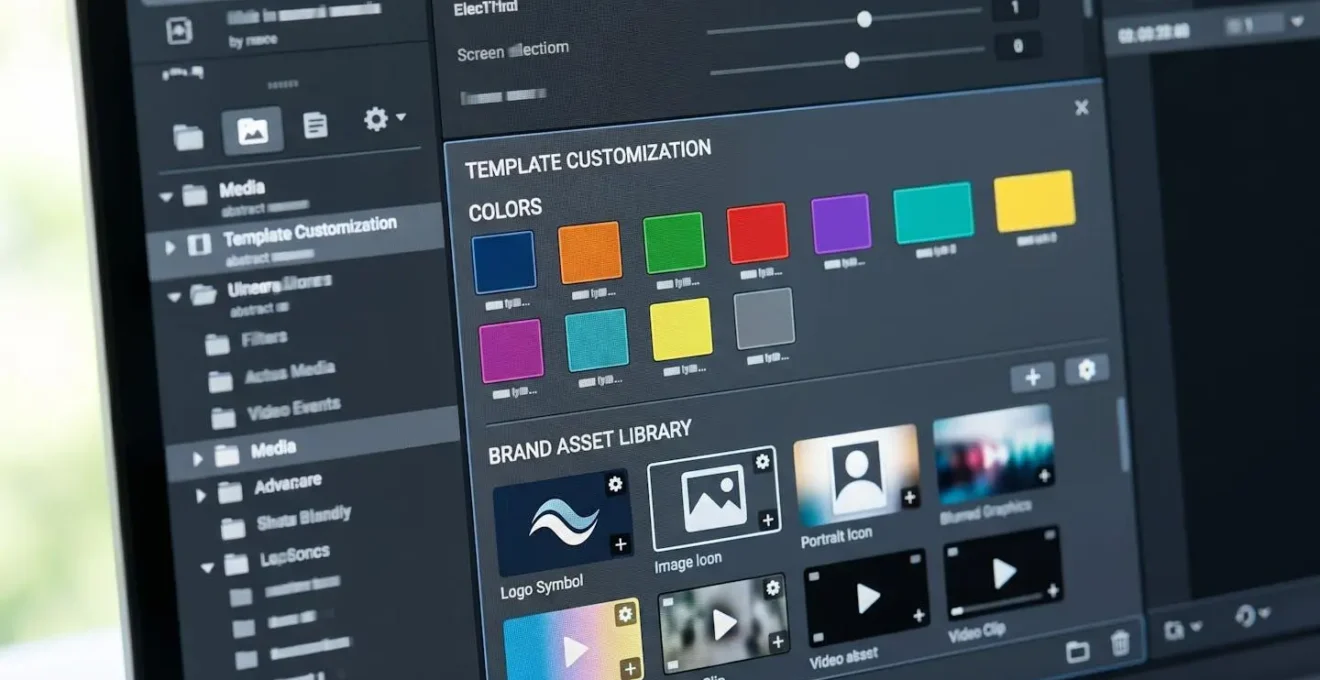 Extreme close-up macro shot of video editing interface showing colour palette swatches and brand asset controls with shallow depth of field