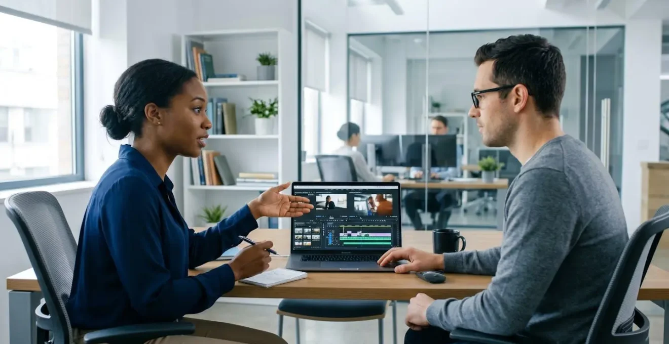 Two marketing professionals in side profile collaborating over laptop in contemporary office meeting space