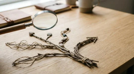 A magnifying glass examining diverging search paths representing multiple user intentions for the same query
