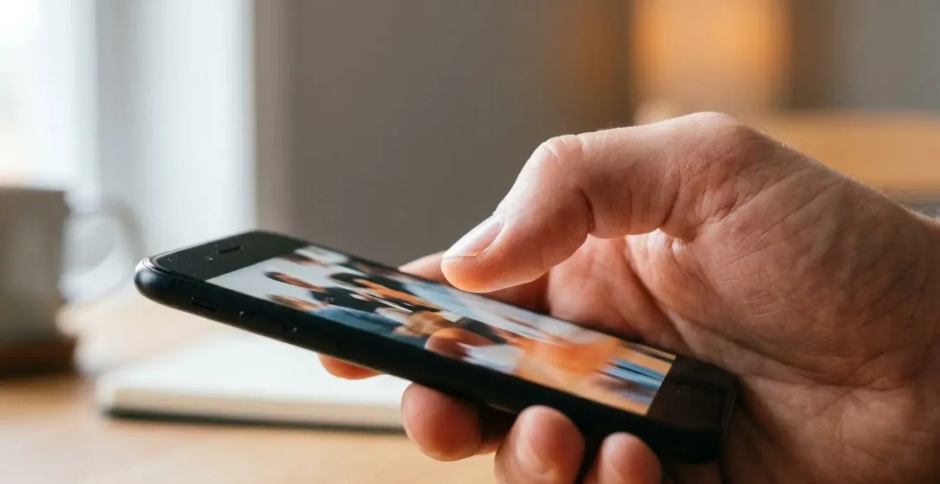 Close-up of a smartphone screen displaying a paused video frame with finger hovering above play button, capturing the critical moment before viewer engagement