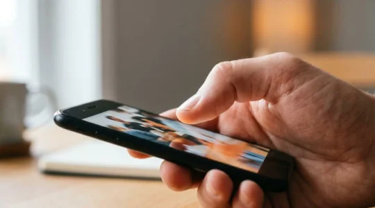 Close-up of a smartphone screen displaying a paused video frame with finger hovering above play button, capturing the critical moment before viewer engagement