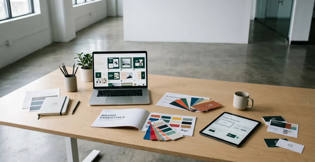 Creative team managing multiple brand asset templates across digital workspace with organized color palettes and design guidelines