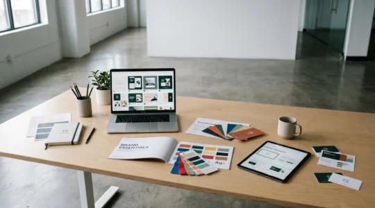 Creative team managing multiple brand asset templates across digital workspace with organized color palettes and design guidelines