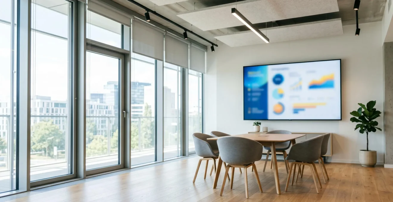 Wide angle view of a contemporary collaborative workspace with a large wall-mounted screen displaying a colourful infographic, empty chairs, abundant natural daylight from large windows